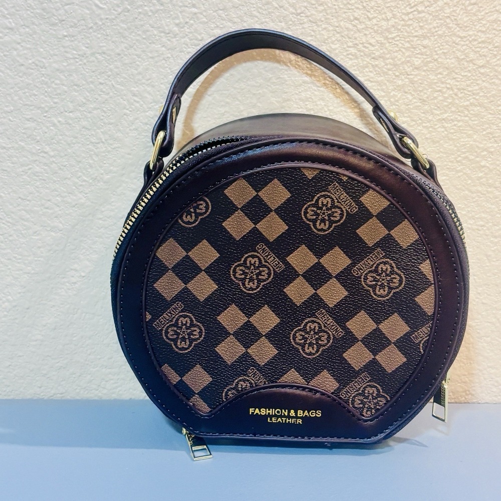 Fashion Brown Circle Round Purse Bag Handbag Zip Top Handle Crossbody Strap Gold